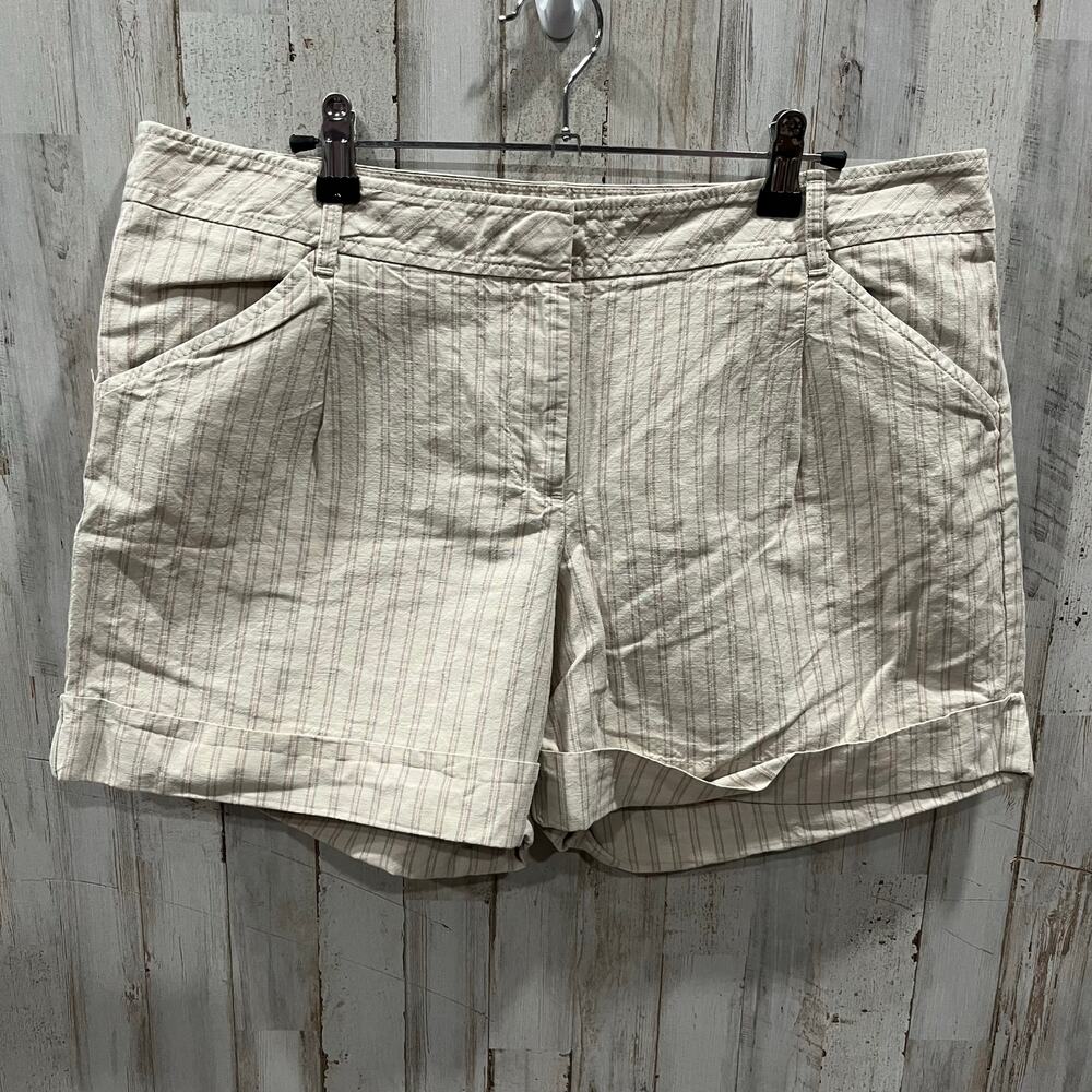 Loft Tan‎ Stripe Linen Cotton Cuffed Shorts Womens Size 12 Pockets Summer